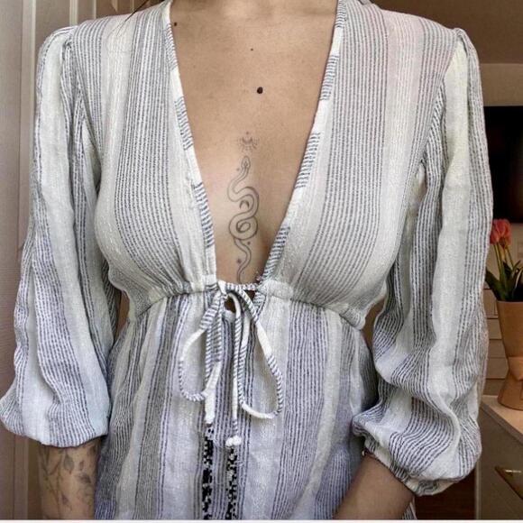 Blue Island Boho White & Grey Striped Mini Dress – XS/S - Picture 2 of 6